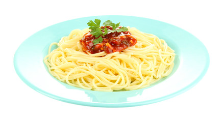Italian spaghetti in plate isolated on white