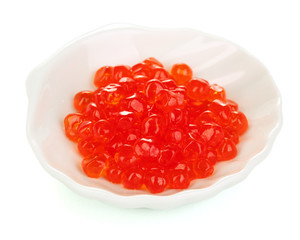 Red caviar in white bowl isolated on white