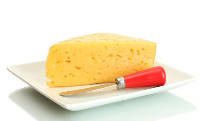 tasty cheese and knife on plate isolated on white