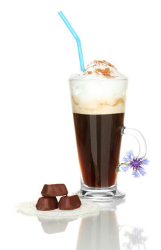 glass of coffee cocktail with chokolate candies