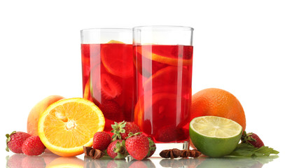 sangria in glasses with fruits, isolated on white