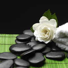 Fototapeta na wymiar Biała Gardenia i kamienie z ręcznikiem na zielony mat