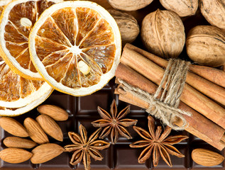 chocolate with cinnamon sticks and anise stars
