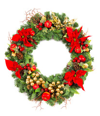 christmas wreath with poinsettia flowers and golden decoration