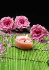 Obraz na płótnie Canvas Beautiful pink rose and zen stones with candle in green mat