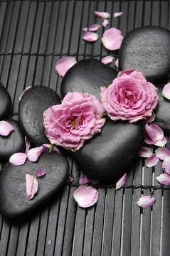 Spa concept zen stones with rose on mat