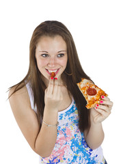 happy teenage girl eating pizza