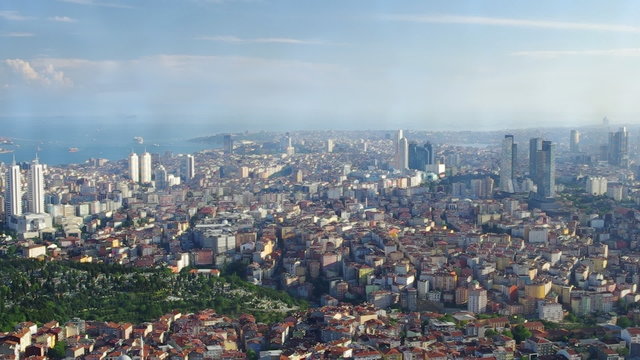 Aerial view of modern buildings and Bosphorus strait in Istanbul