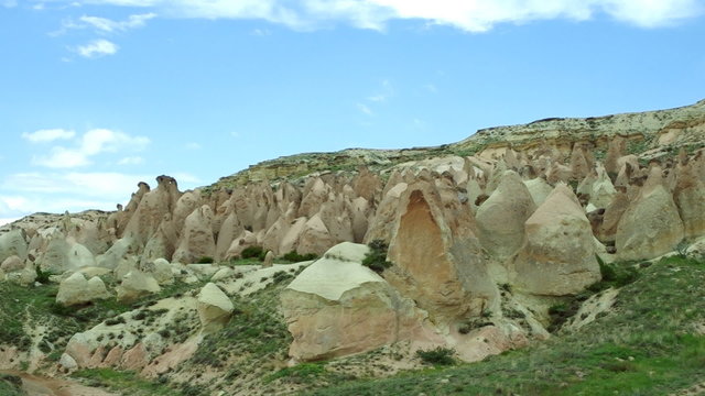 Famous Cappadocia rock formations, panning video. Turkey.