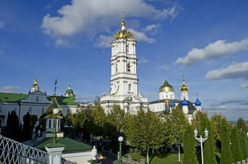Fototapeta na wymiar Trinity cathedral and bell tower in Pochaev Lavra, Ukraine
