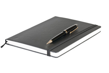 Black notebook and pen over a white background