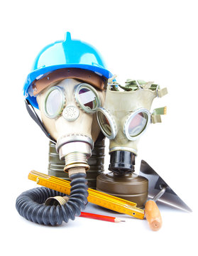 gas masks  and tools isolated on white background