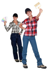 Fototapeta premium Two female decorators choosing paint color