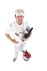 Decorator with pots of paint and business file