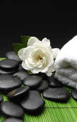 White Gardenia and stones with towel on green mat