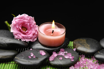 Fototapeta na wymiar Spa sitting with rose and herbal salt with candle on pebbles