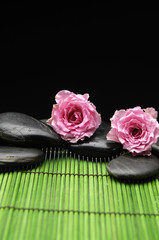 Two rose and zen stones on green mat