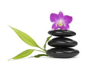 Pink orchid, Zen pebbles balance. and bamboo leaf