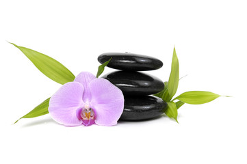 Obraz na płótnie Canvas Pink orchid, Zen pebbles balance. and bamboo leaf