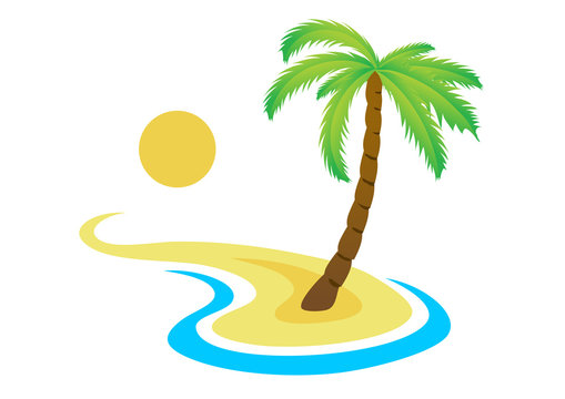 Tropical palm on island with sea. Vector logo.