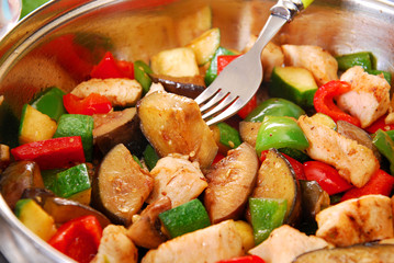 pan with fried chicken and vegetables