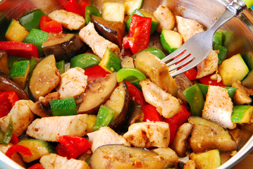 pan with fried chicken and vegetables