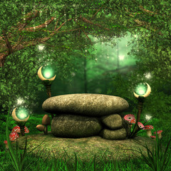 Fototapeta na wymiar Skały w magicznym lesie z lampionami i grzybami
