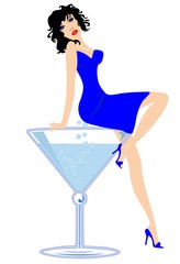 Sultry young lady sitting on a blue martini