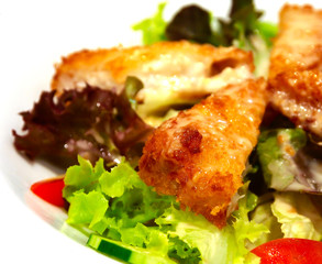 fried fish salad on white background