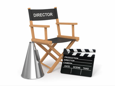 Movie Industry. Producer Chair, ñlapperboard And Bullhornl.