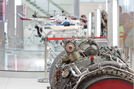 Motor of helicopter on exhibition, focus on motor