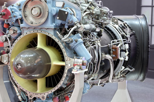 Motor of helicopter with turbine on exhibition