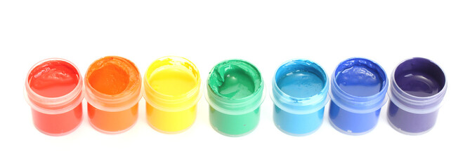 jars with multicolored gouache isolated on white background