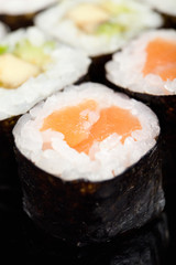 Prepared maki sushi rolls. Japanese food