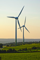 Wind turbines in a forest and meadow landscape