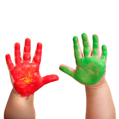 Babies hands dipped in colorful paint.