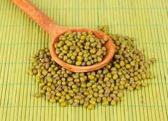 Mung beans over wooden spoon on color background