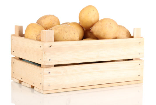 Ripe potatoes on wooden box isolated on white