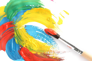 Abstract gouache paint and brush, isolated on white