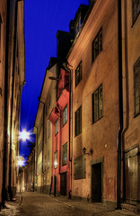Stockholm Old Town alley at night.
