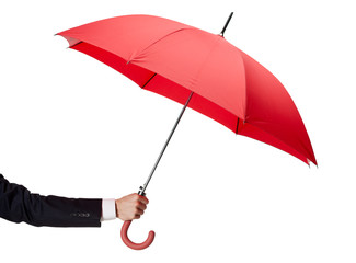 Close up of opened opened umbrella in hand, isolated on white