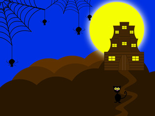 haunted house with full moon,black cat and spider web