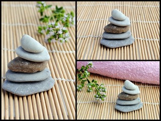 set of three images of zen stones on bamboo