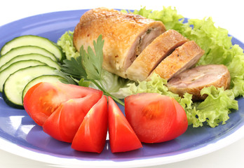 Fototapeta na wymiar Tasty meat cutlet with garnish on plate close-up