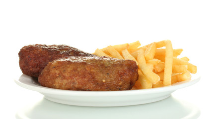 Potatoes fries with burgers in the plate isolated