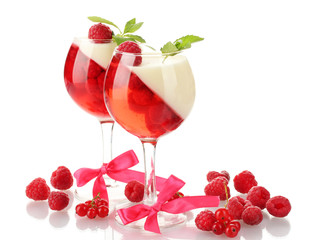fruit jelly in glasses with raspberries isolated on white