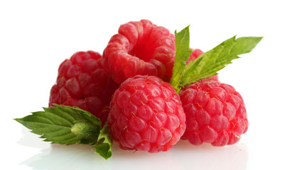 ripe raspberries with mint  isolated on white