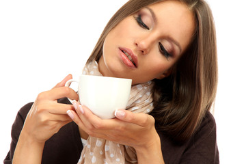 beautiful young woman with cup of coffee, isolated on white