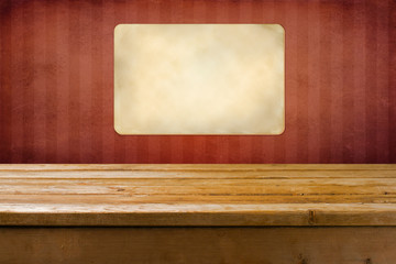 Background with wooden table and red grunge wall with strips
