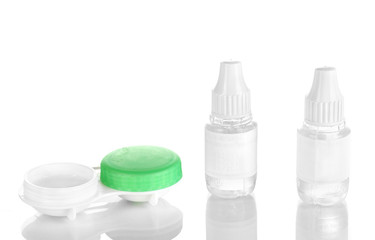 Eye drops and lenses isolated on white